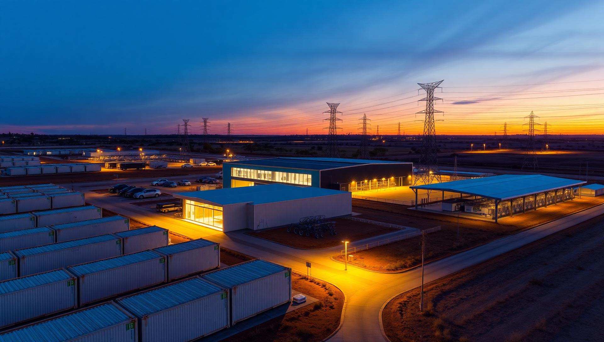 Aerial dusk view of an INTREC Energy regional hub: battery storage containers, an edge data centre, an ultra-fast EV charging canopy, and a high-voltage substation with transmission lines fanning across the landscape.