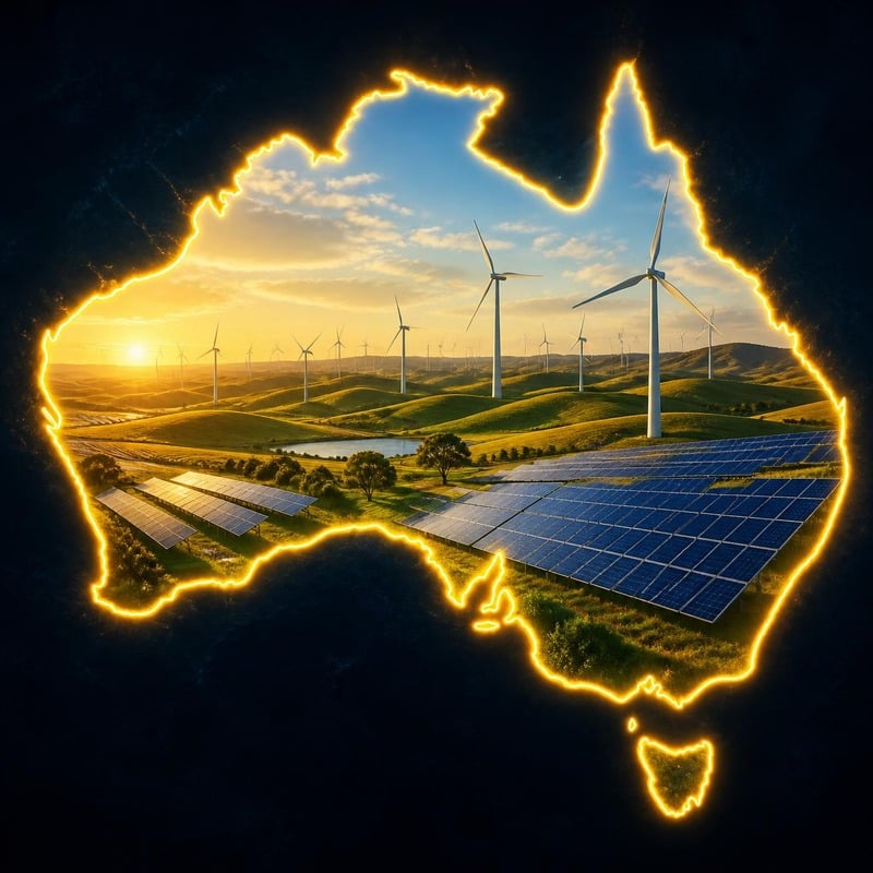 Australia outlined in glowing energy, showing wind turbines and solar panels across the interior