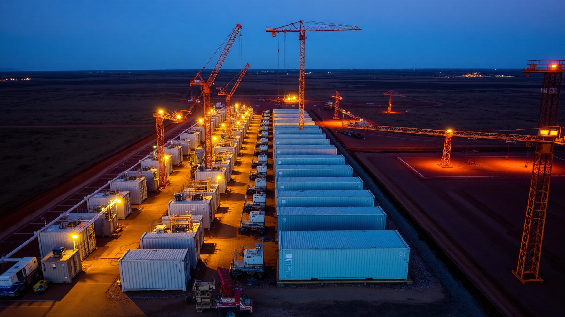 Aerial view at dusk of a battery energy storage construction site: rows of BESS containers, cranes, work lights, and a substation in regional Australia.