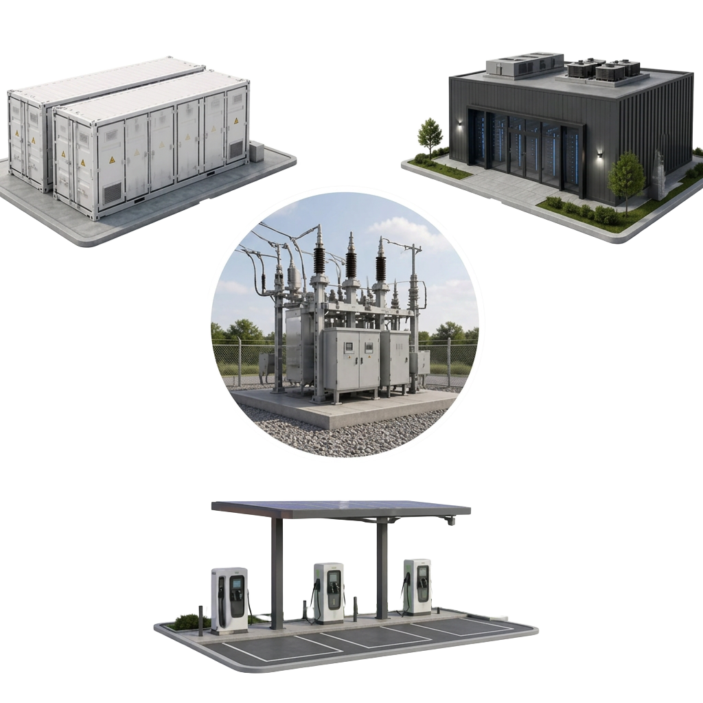 INTREC platform diagram: Battery Energy Storage, Data Centre, high-voltage substation and Ultra Fast Transport Charging connected at a single hub